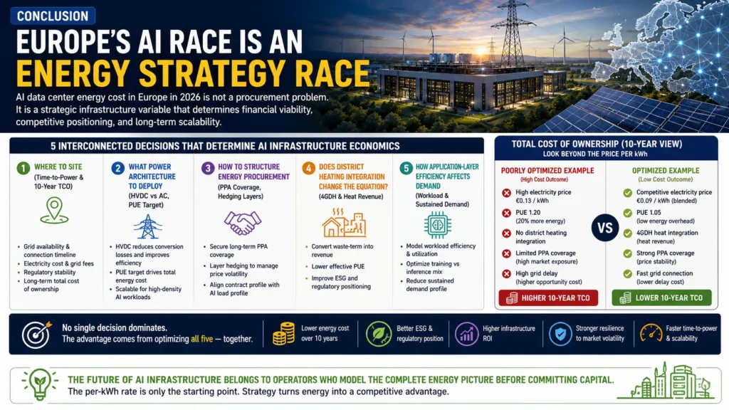 Europe AI data center energy strategy in 2026 showing five key decisions including site selection, HVDC power architecture, energy procurement, district heating integration, and application efficiency for reducing total cost of ownership