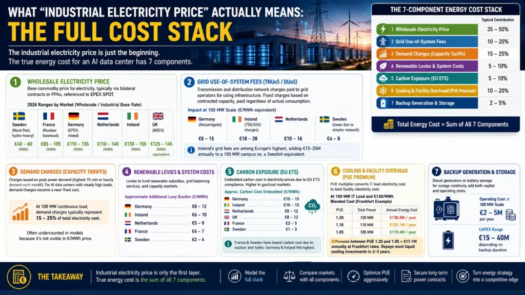 Industrial electricity price full cost stack for AI data centers in Europe showing seven energy cost components including wholesale power, grid fees, demand charges, renewable levies, EU ETS carbon costs, PUE cooling overhead, and backup generation