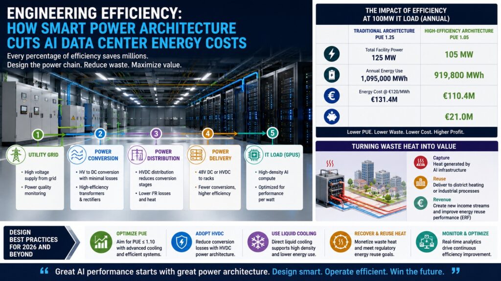 Smart power architecture reducing AI data center energy costs through HVDC, cooling, and heat reuse